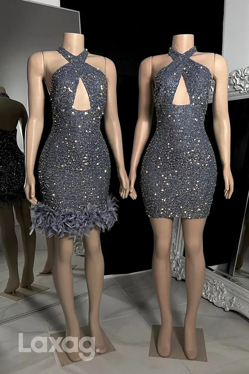 13155 - Black Detachable Feathers Glitter Halter Cut Outs Homecoming Dress