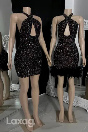 13155 - Black Detachable Feathers Glitter Halter Cut Outs Homecoming Dress