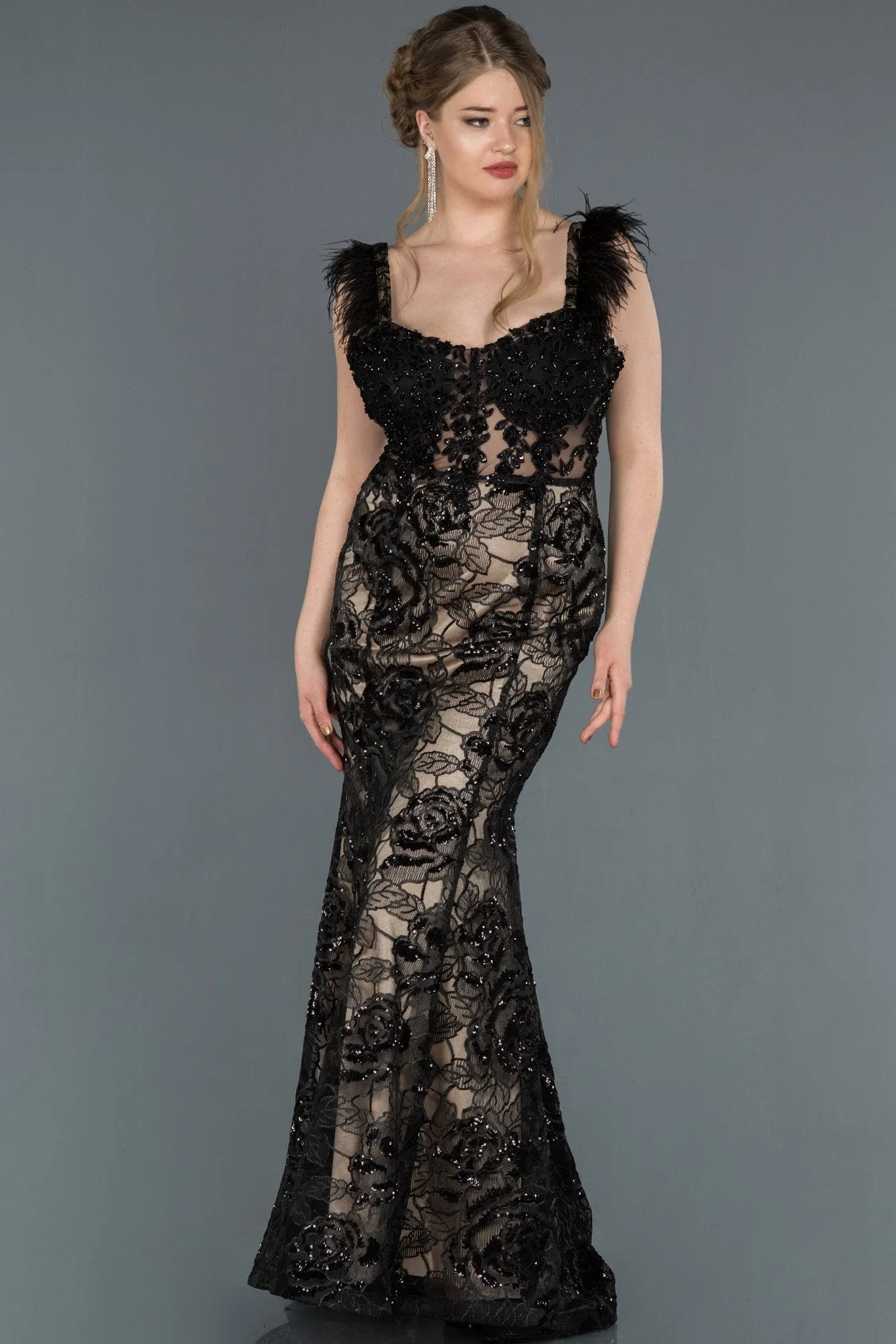 16980 Black-Mink Embroidered Sequined Tulle Dress