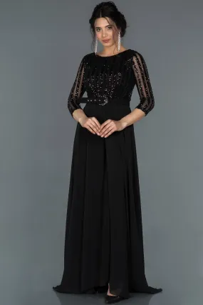 17019 Black Sequined Tulle Top Belt Chiffon Dress