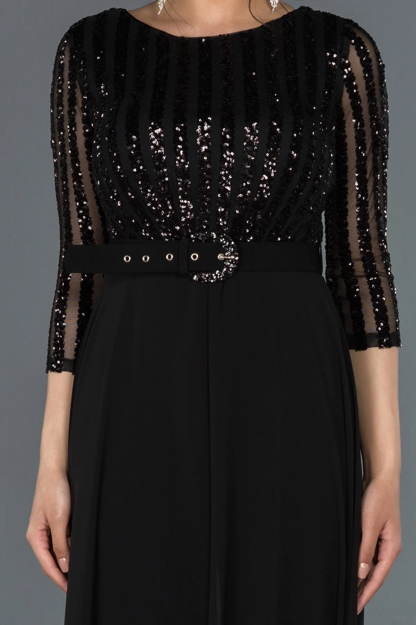 17019 Black Sequined Tulle Top Belt Chiffon Dress