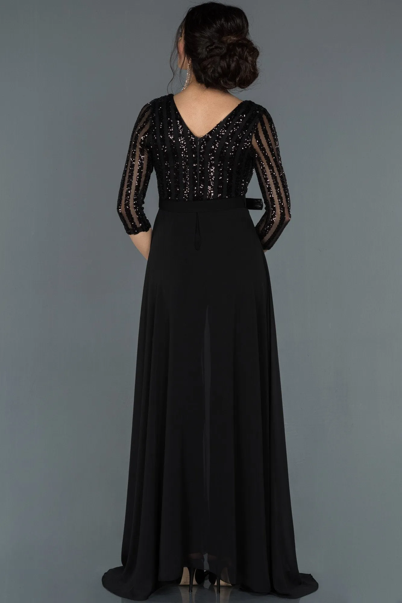 17019 Black Sequined Tulle Top Belt Chiffon Dress