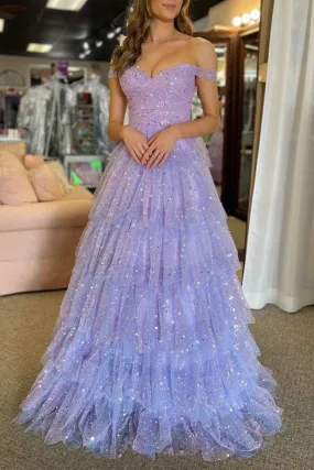 Acadia | A-Line Off the Shoulder Ruffle Tiered Tulle Long Prom Dress