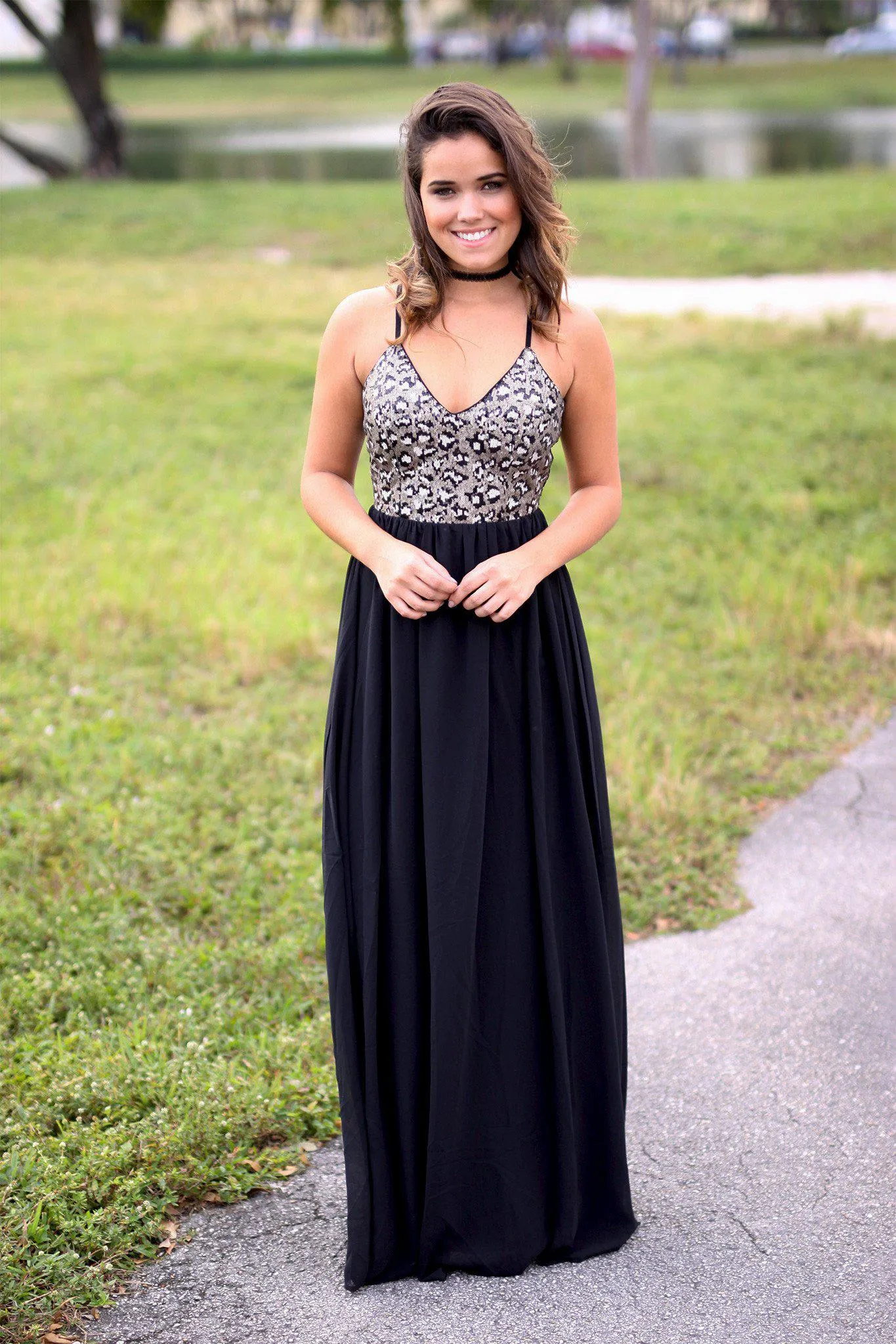 Black Sequined Maxi Dress with Crochet Back