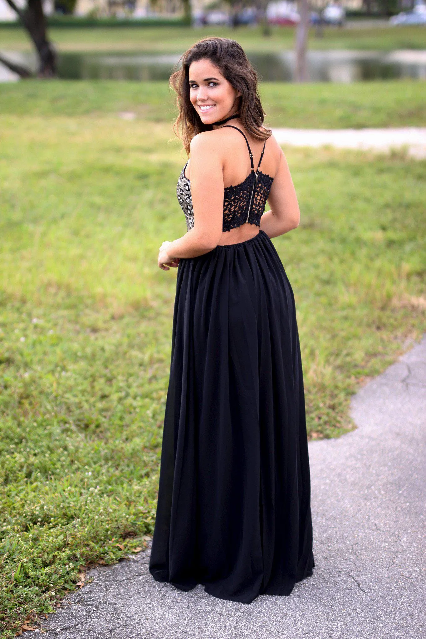 Black Sequined Maxi Dress with Crochet Back