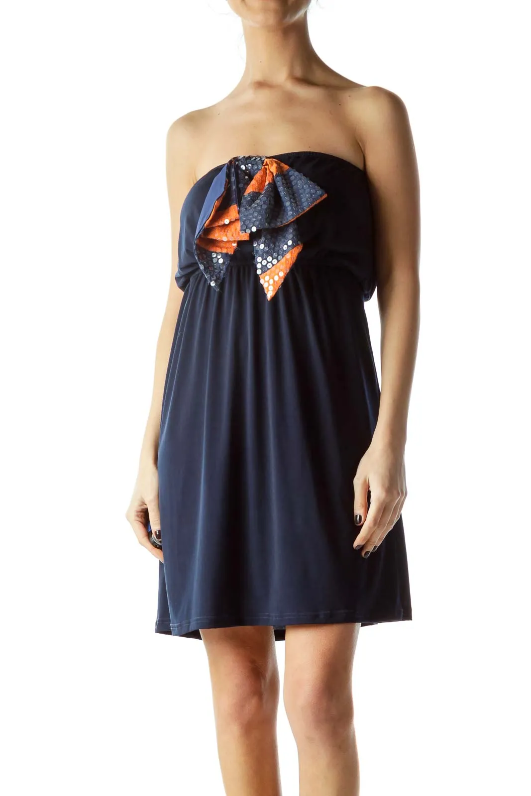 Blue Orange Sequined Front Bow Dress