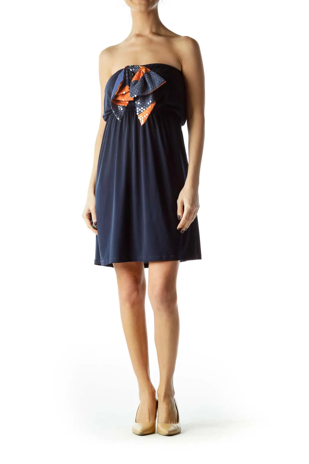 Blue Orange Sequined Front Bow Dress