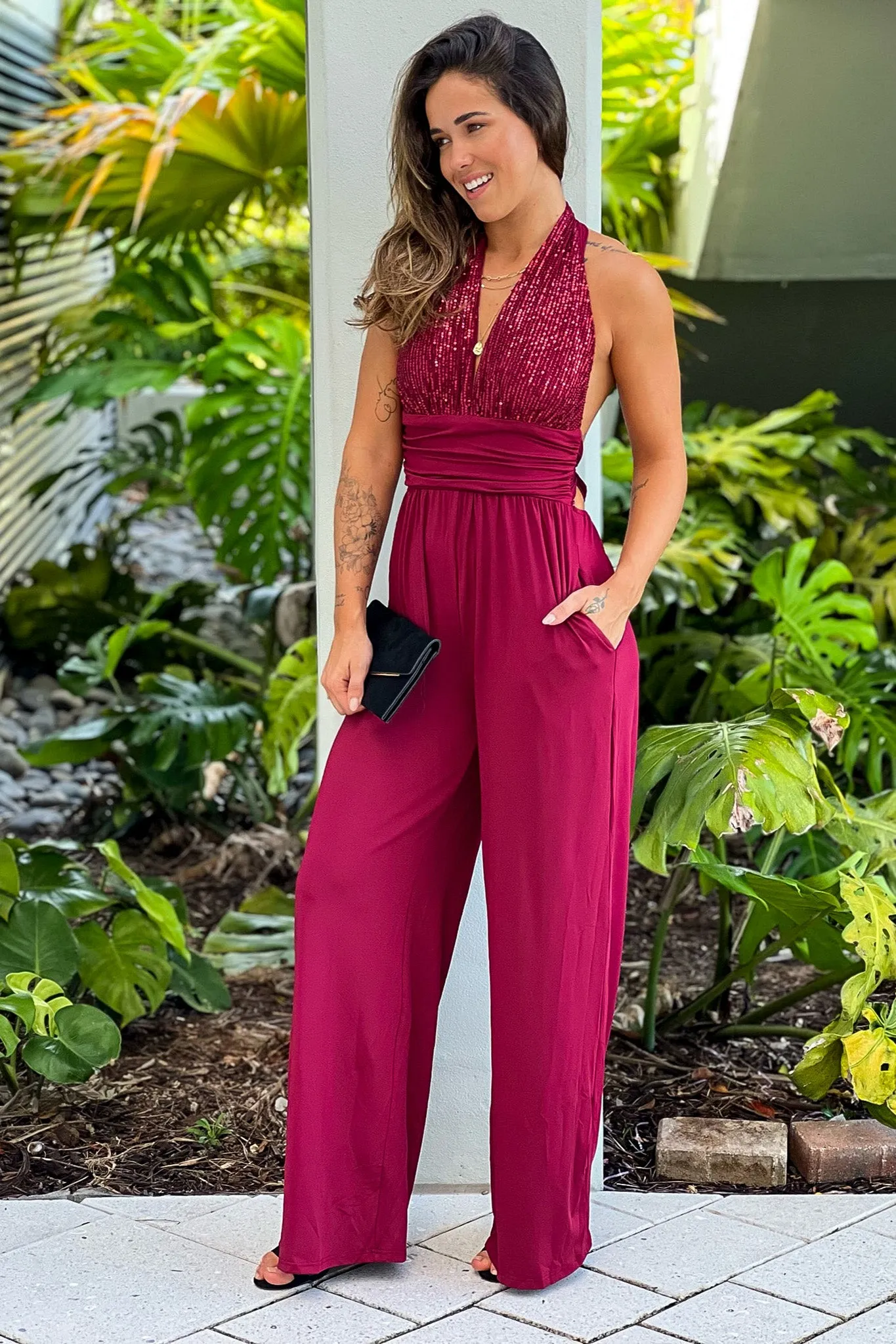 Burgundy Sequined Top Jumpsuit