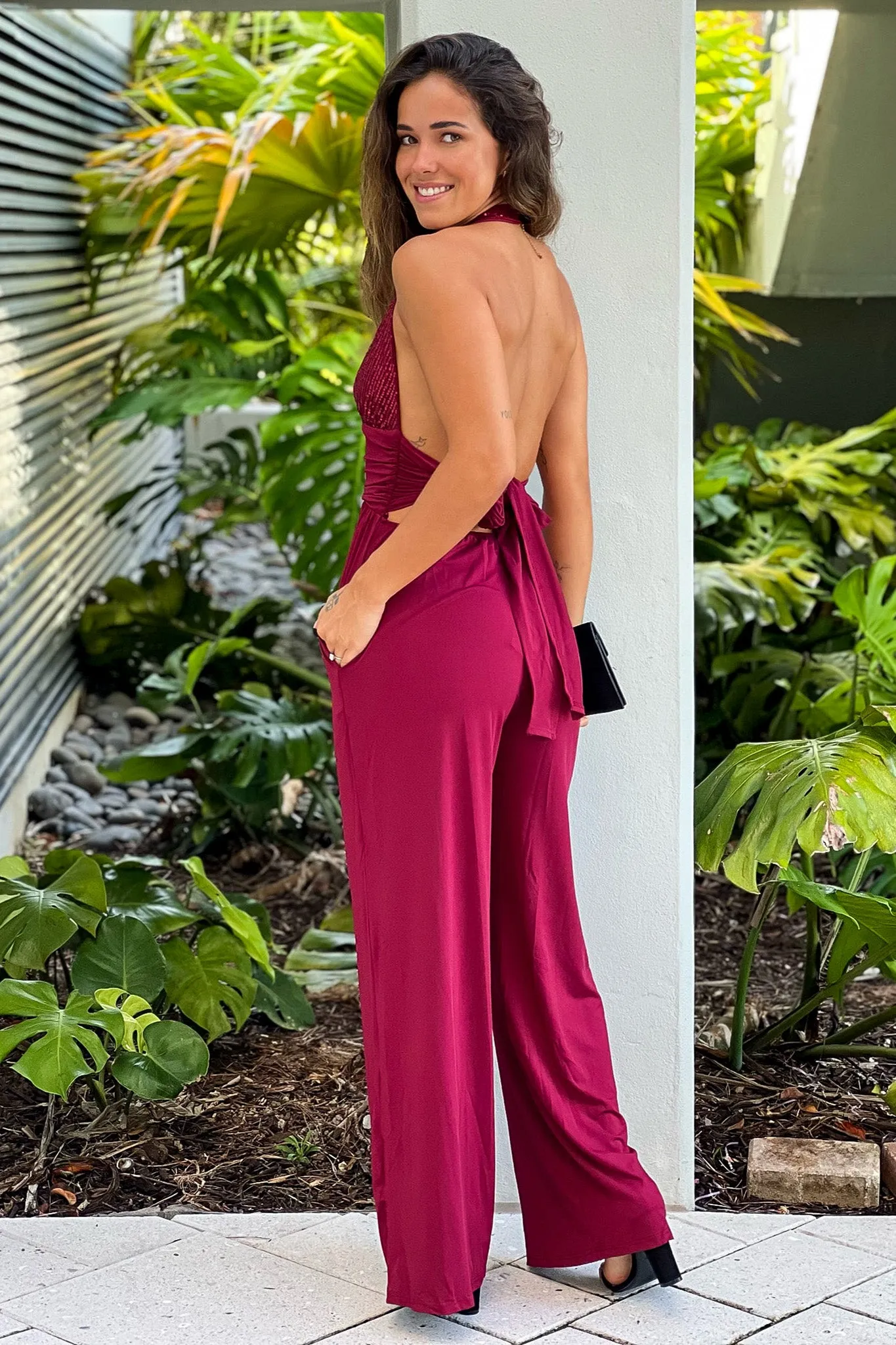 Burgundy Sequined Top Jumpsuit