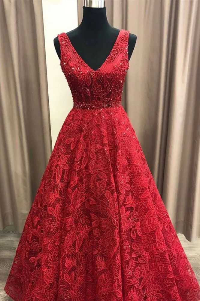 Charming V-neck Sleeveless Prom Party Gowns| Affordable Red Lace Beading Long Prom Gown