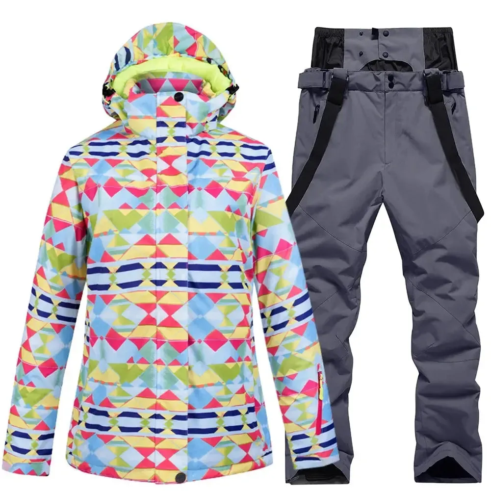 Checkered Women Ski Snowboard Insulated Jacket & Bib Pants