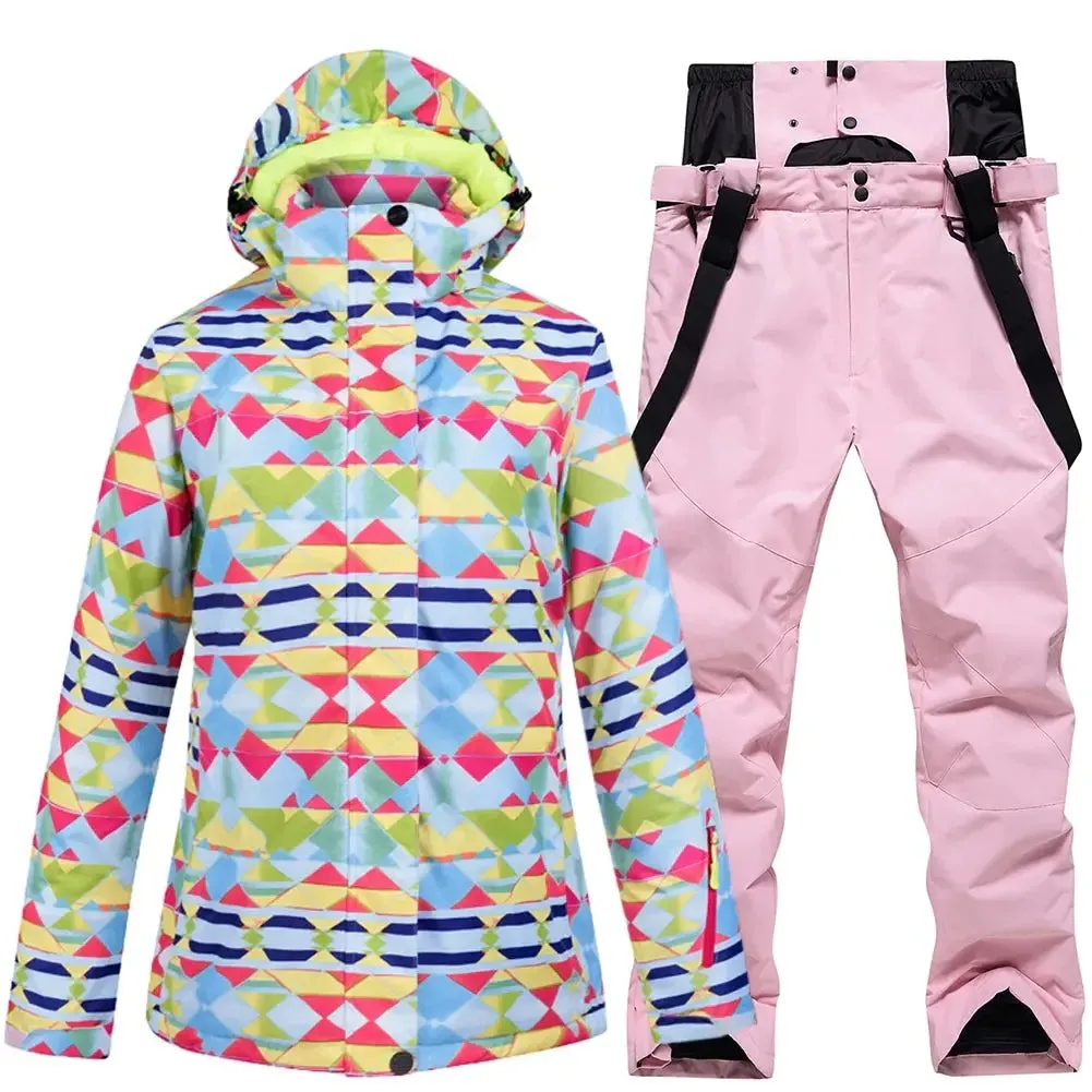 Checkered Women Ski Snowboard Insulated Jacket & Bib Pants