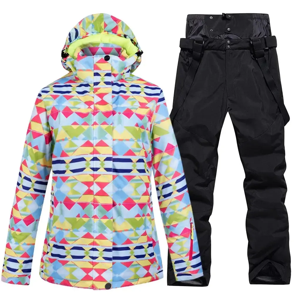 Checkered Women Ski Snowboard Insulated Jacket & Bib Pants