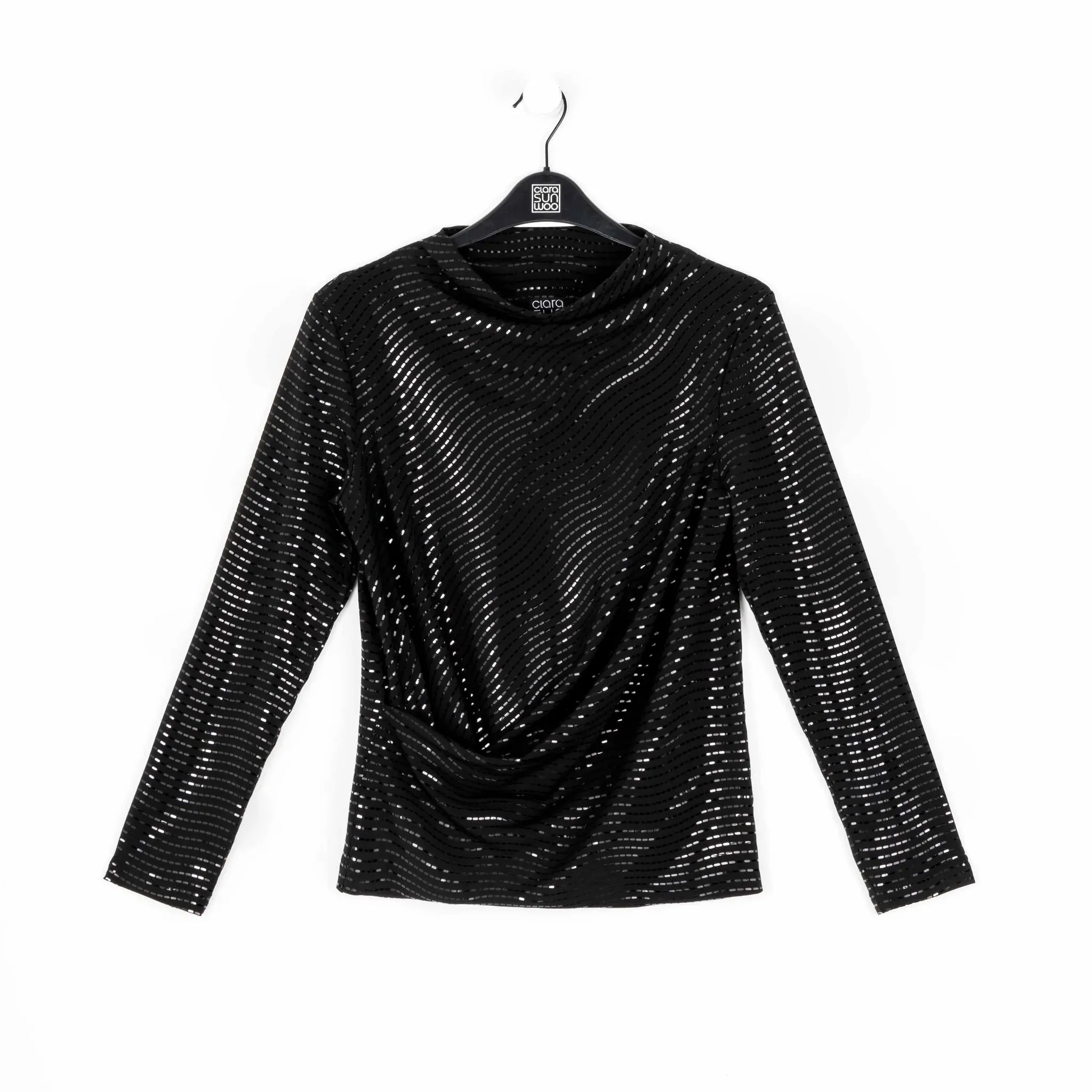 Clara Sunwoo - Shimmer Knit Drape Neck Top W/Side Ruching - Black