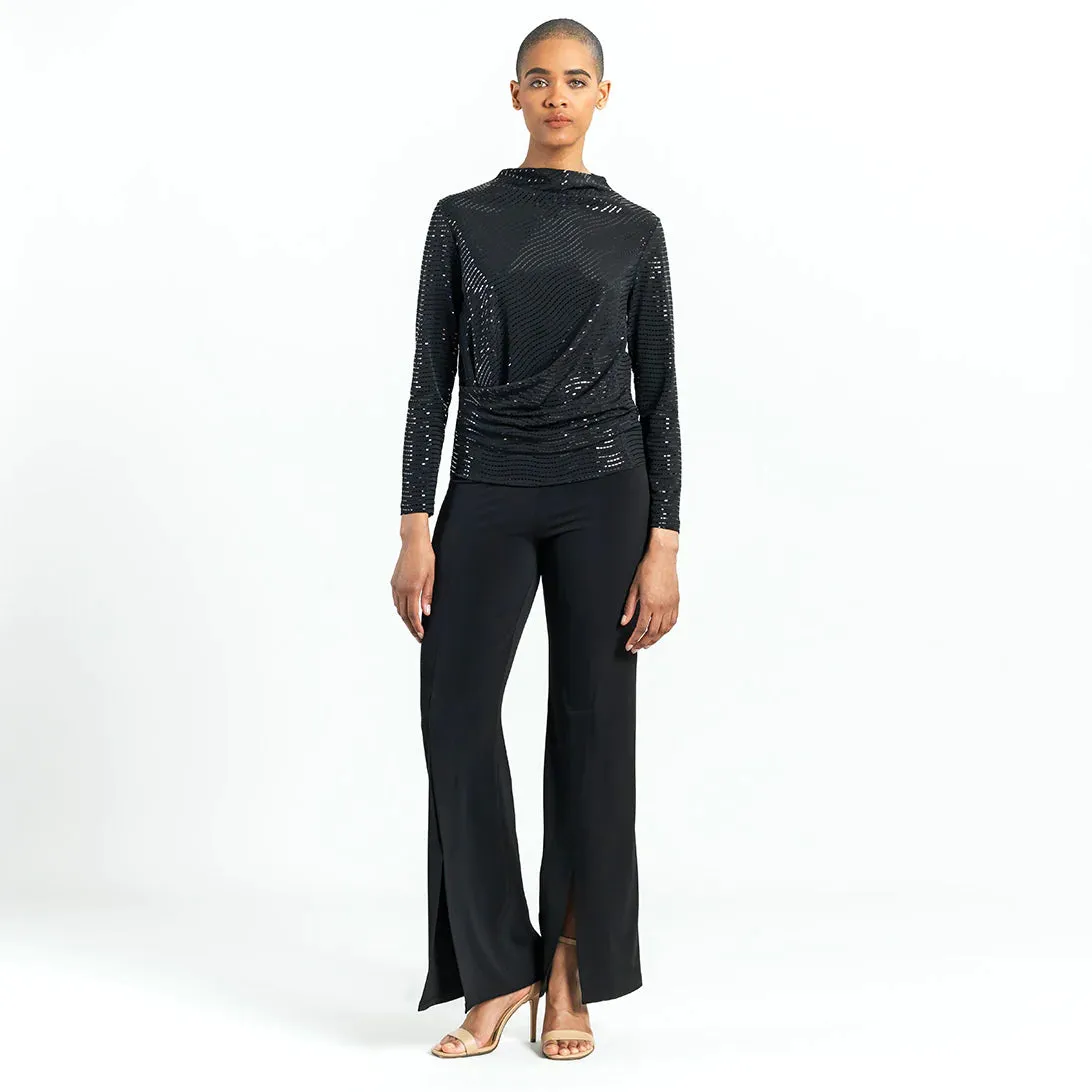 Clara Sunwoo - Shimmer Knit Drape Neck Top W/Side Ruching - Black