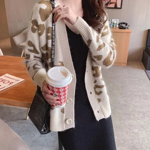 Elegant Cozy Knitting Cardigan - Women Leopard Sweater - Female Oversized Cardigan (TP4)(TB8C)