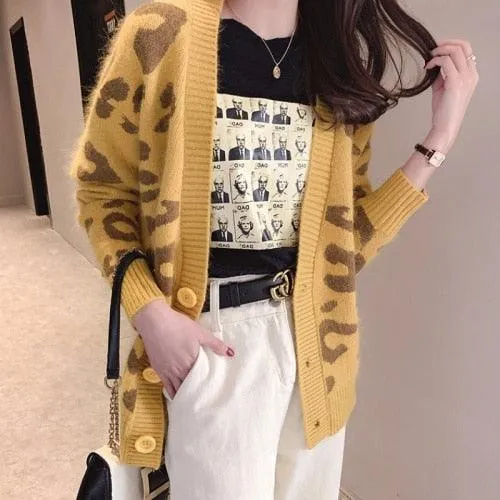 Elegant Cozy Knitting Cardigan - Women Leopard Sweater - Female Oversized Cardigan (TP4)(TB8C)