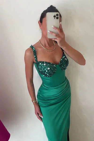 Emerald Green Sequined Sleeveless Mermaid Evening Prom Dresses