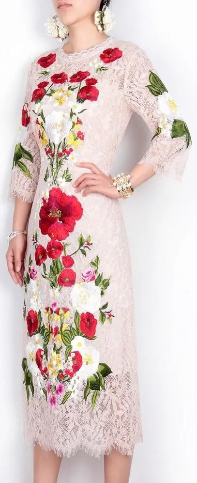 Floral Embellished Lace Midi Dress - Light Pink