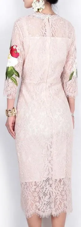 Floral Embellished Lace Midi Dress - Light Pink