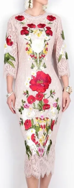 Floral Embellished Lace Midi Dress - Light Pink