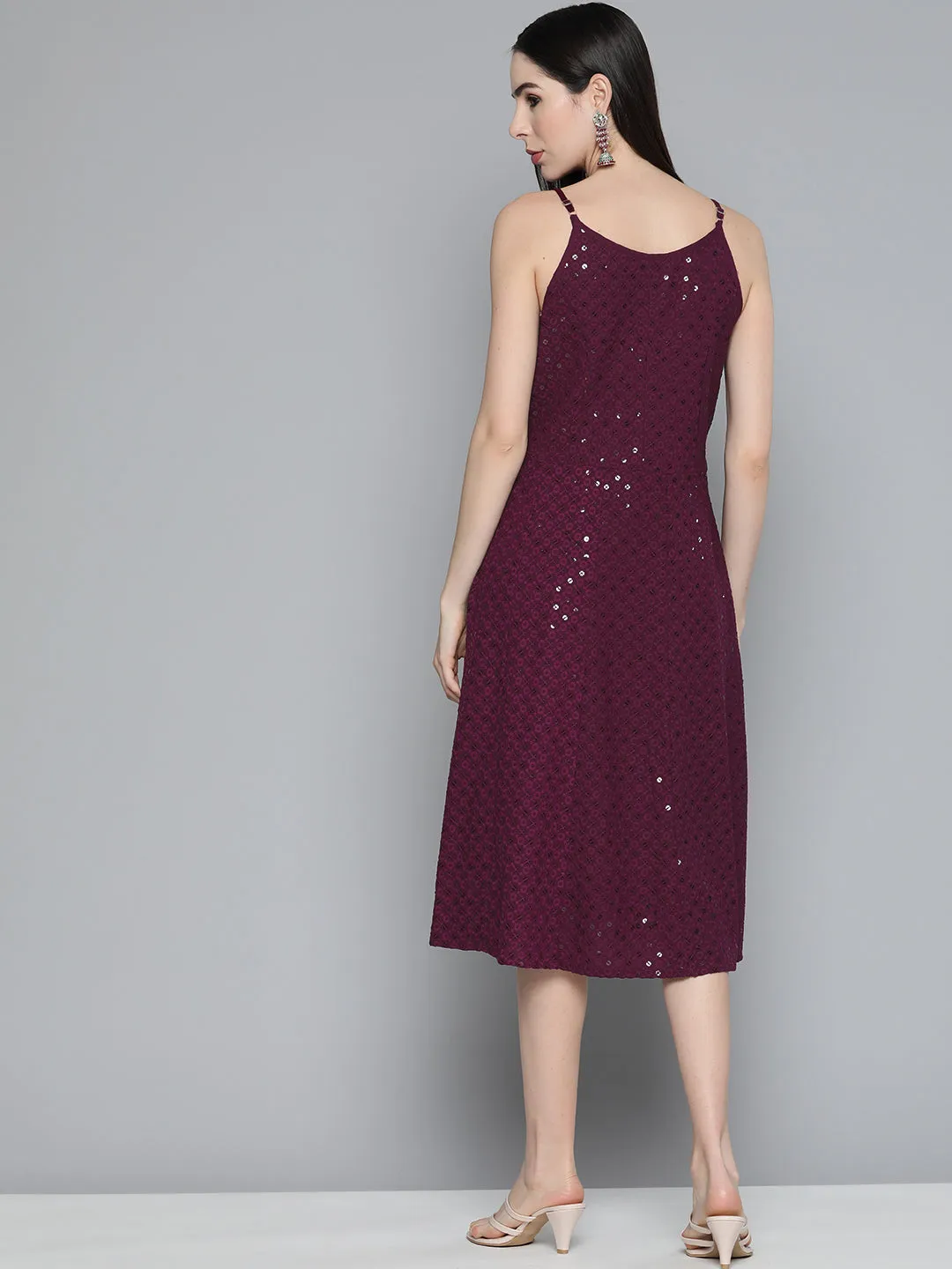 Jashvi Purple Floral Sequin Embroidered A-Line Midi Dress