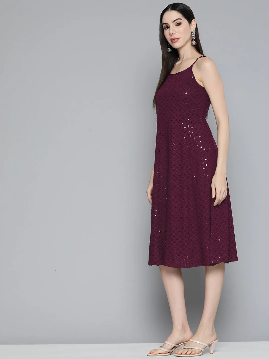 Jashvi Purple Floral Sequin Embroidered A-Line Midi Dress