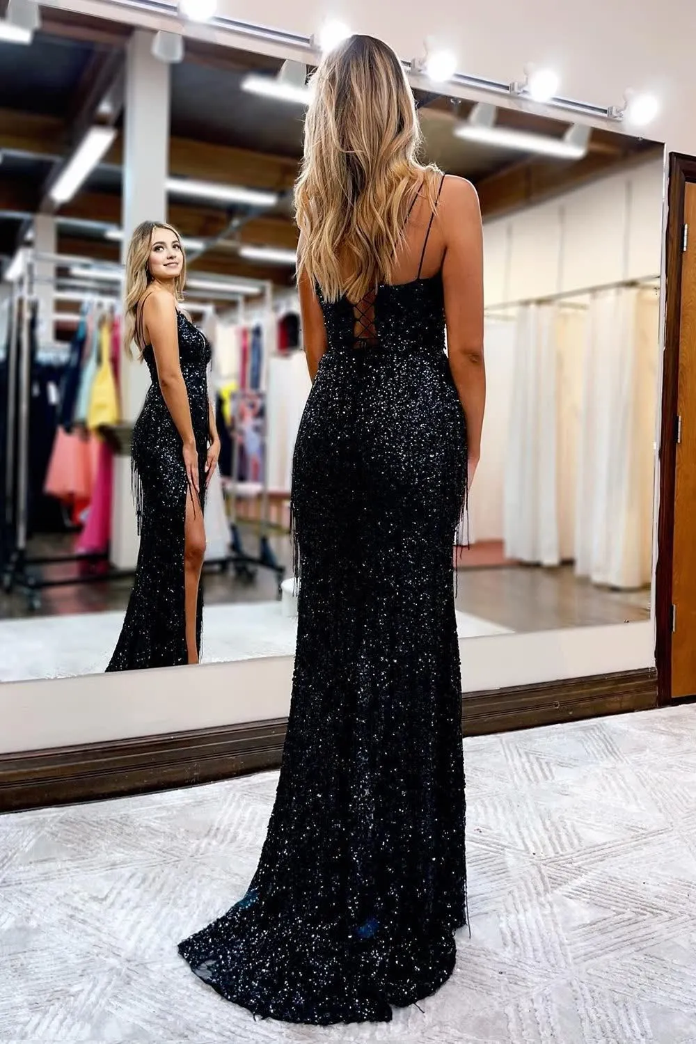 kamahe Black Sequined Spaghetti Straps Prom Dress