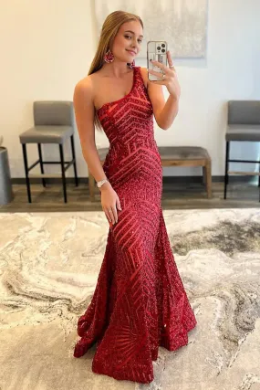 kamahe Dark Red One Shoulder Sequined Mermaid Prom Dress