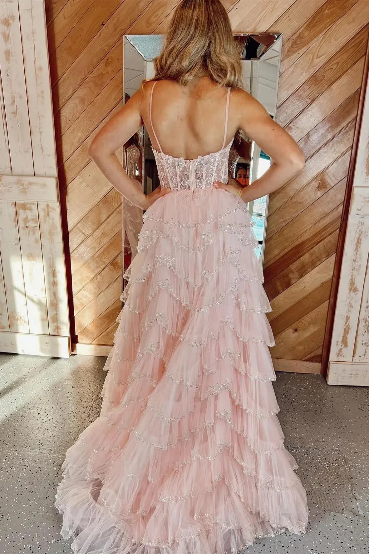 Light Pink Spaghetti Straps Long Sequined Layers Floral Prom Dresses