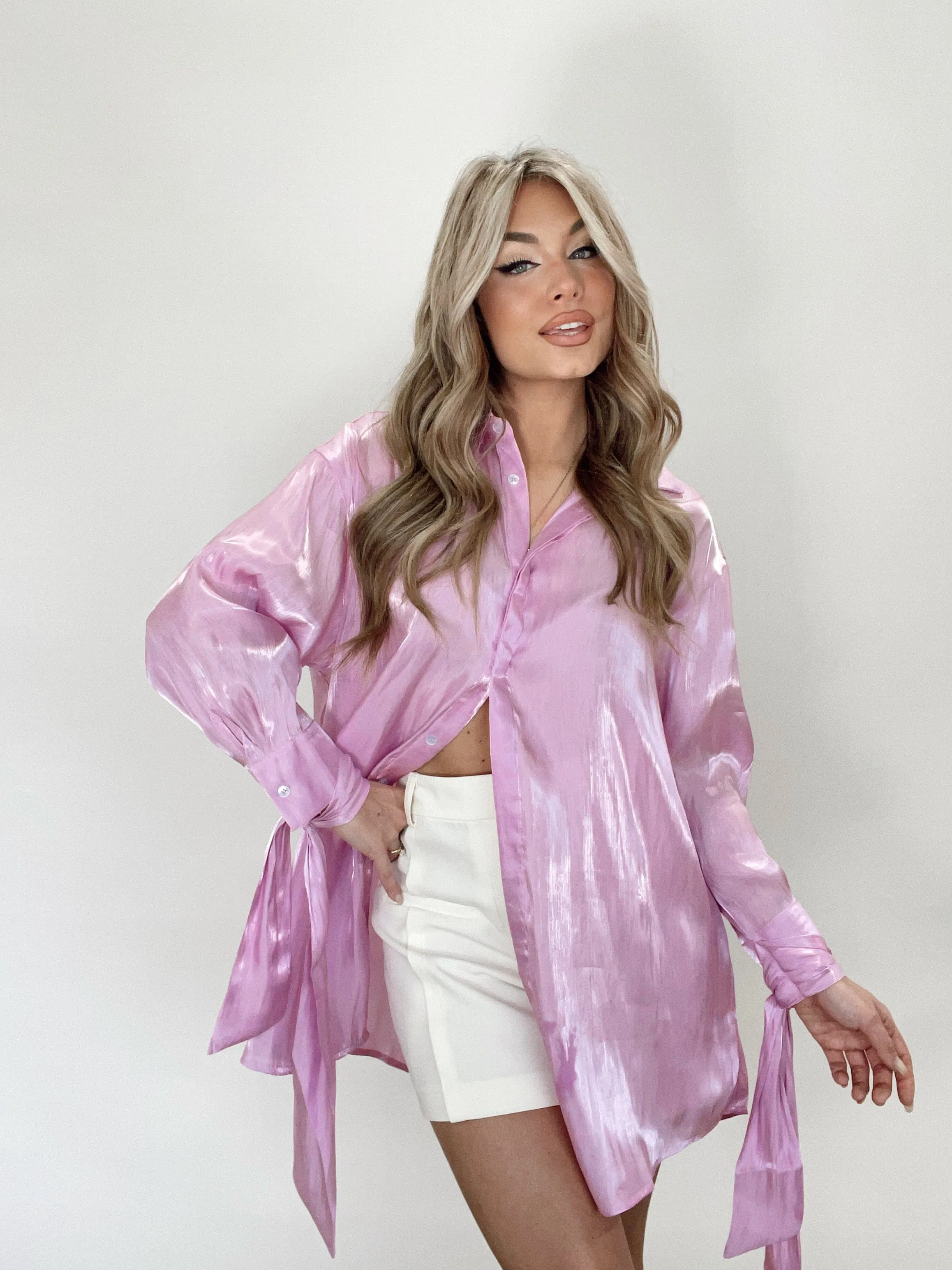 Lilac Shimmer Button Down Top