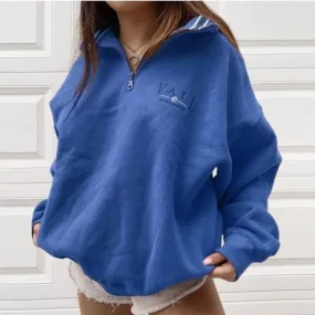 Nukty Blue Letter Printing Zip Polo Collar Pullovers Oversized Sweatshirt Women Loose Long Sleeve Vintage Plus Size Streetwear Winter