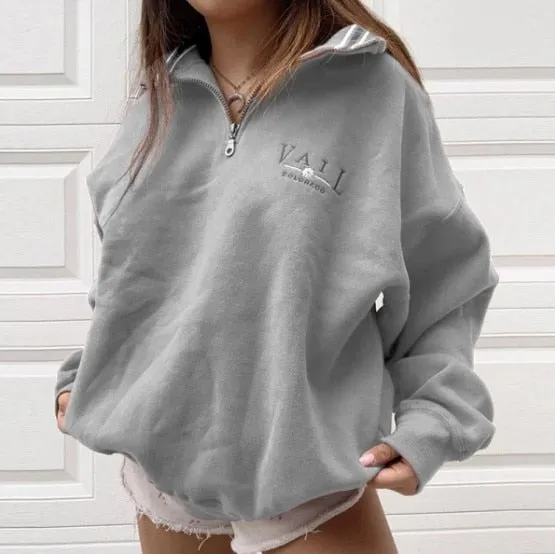 Nukty Blue Letter Printing Zip Polo Collar Pullovers Oversized Sweatshirt Women Loose Long Sleeve Vintage Plus Size Streetwear Winter