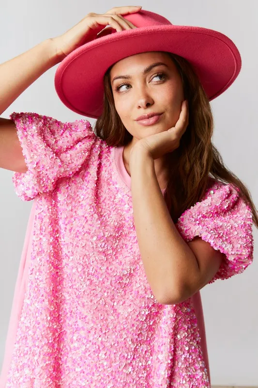 Pink Velvet Sequin-Cotton Jersey Dress With Puff Sleeve