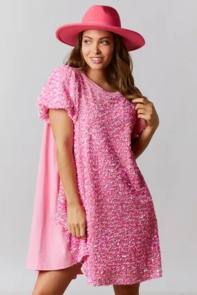 Pink Velvet Sequin-Cotton Jersey Dress With Puff Sleeve