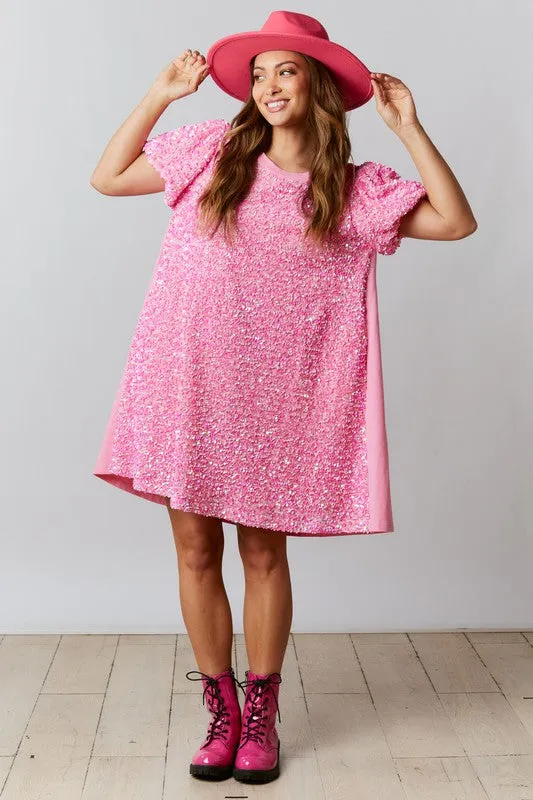 Pink Velvet Sequin-Cotton Jersey Dress With Puff Sleeve