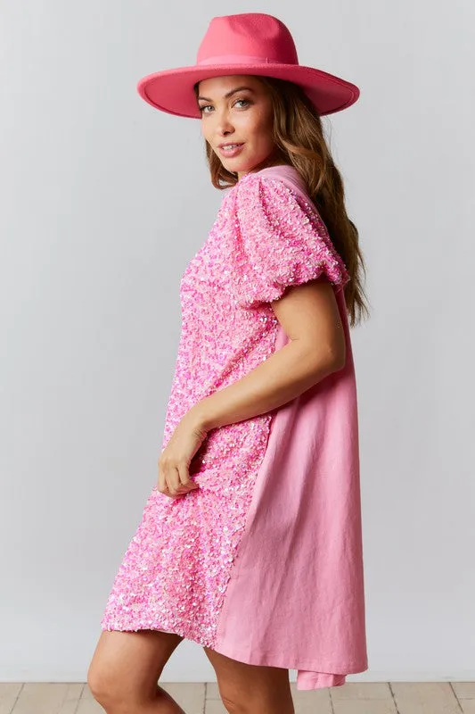 Pink Velvet Sequin-Cotton Jersey Dress With Puff Sleeve