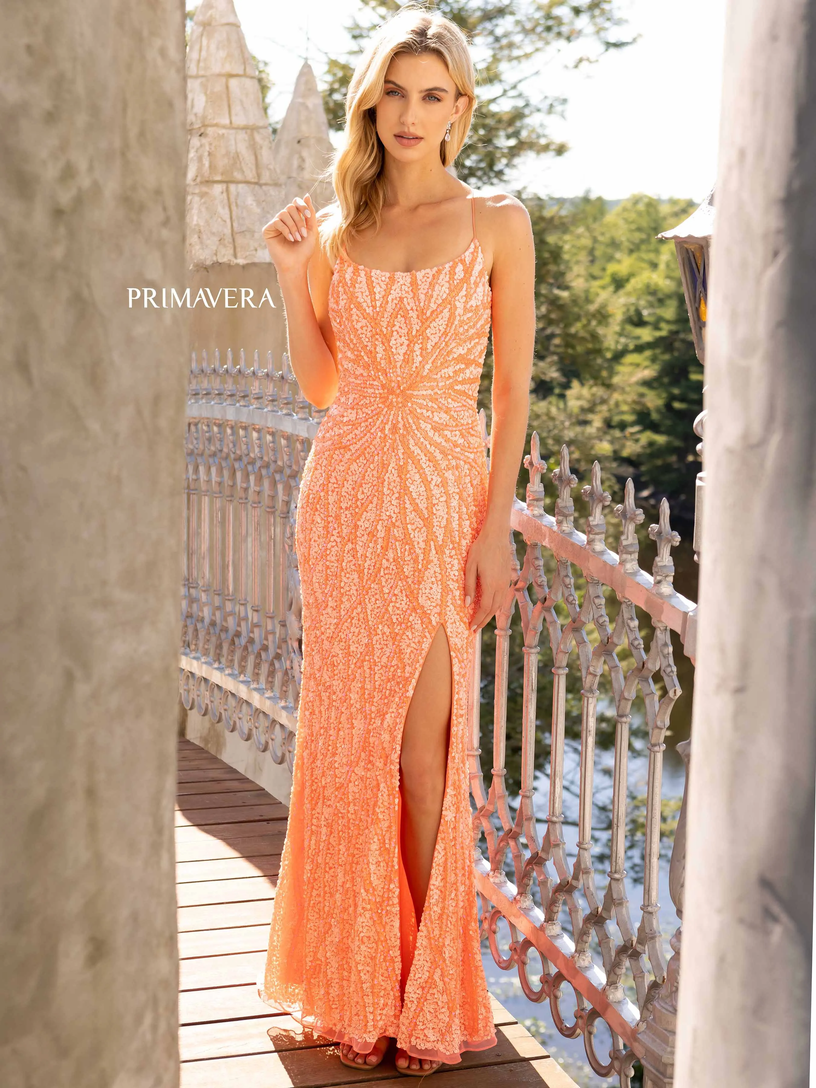 Primavera Couture 3959 Size 2, 10 Coral Sequined Prom Dress slit scoop neck formal gown