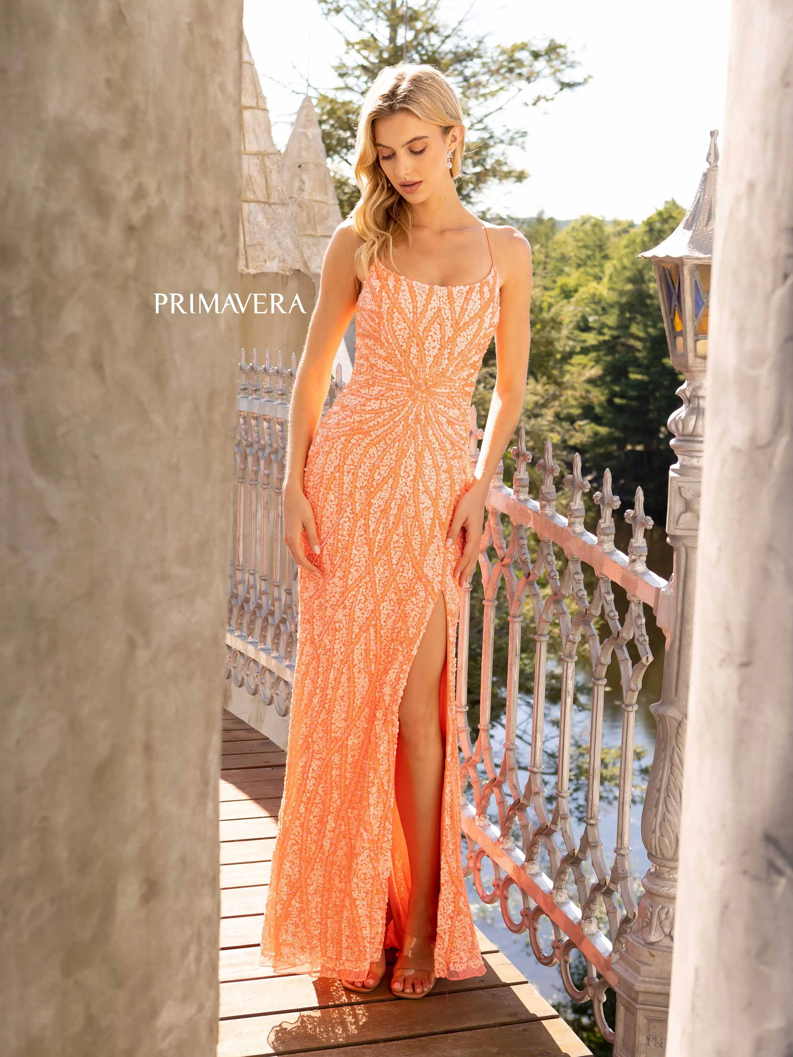 Primavera Couture 3959 Size 2, 10 Coral Sequined Prom Dress slit scoop neck formal gown