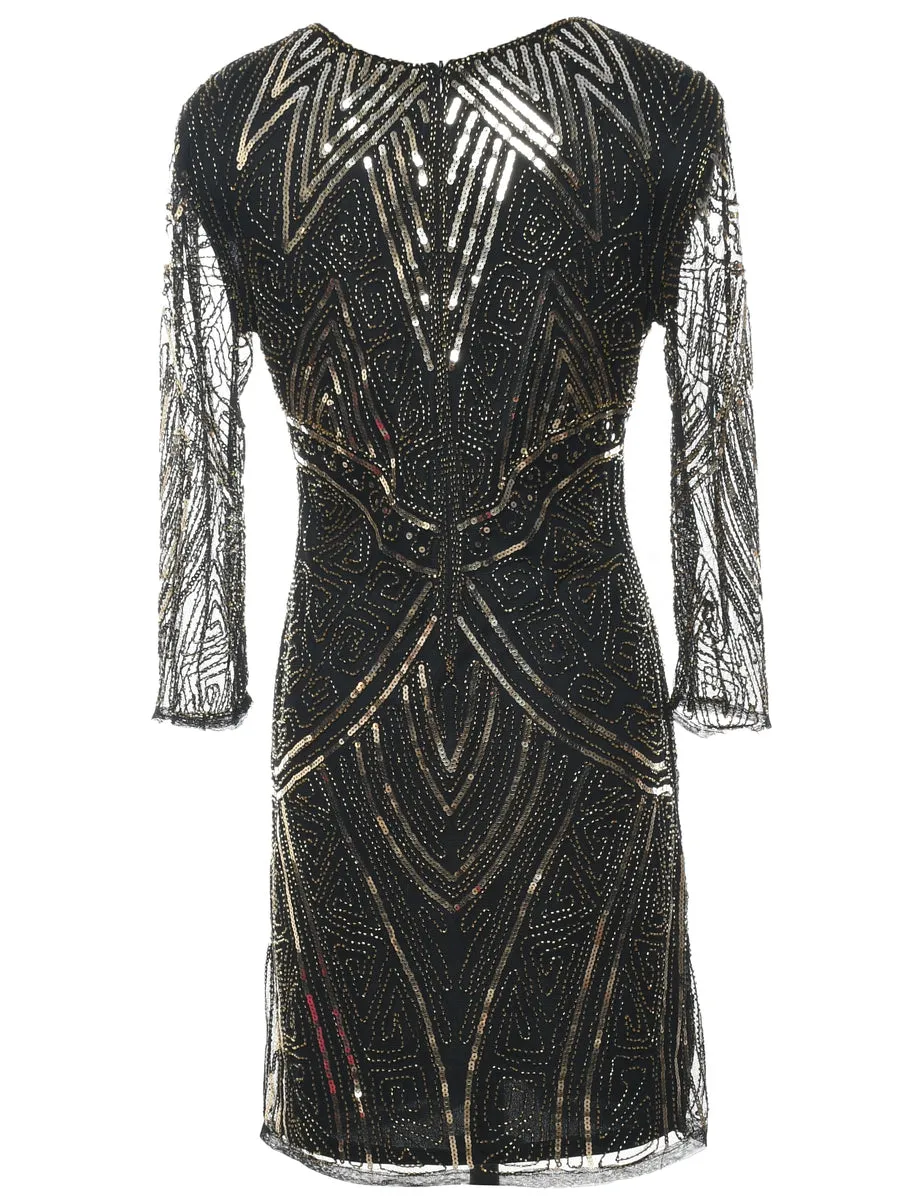 Sequined Black & Silver Metallic Evening Dress - M