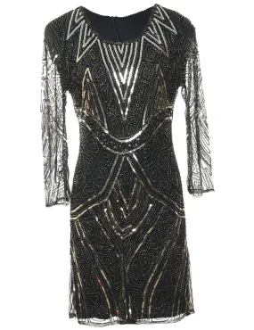 Sequined Black & Silver Metallic Evening Dress - M