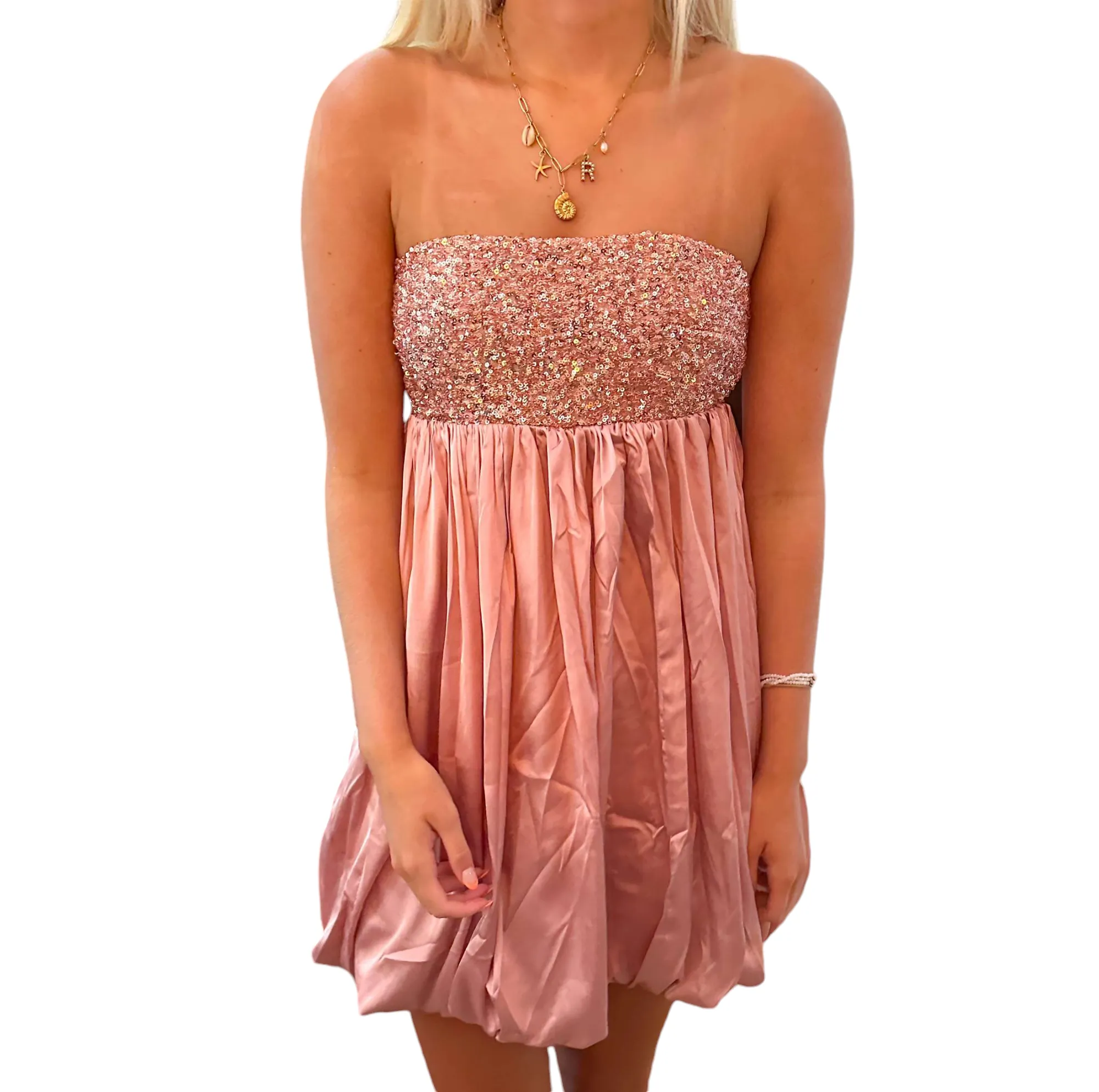 Sparkling Pink Satin Bubble Mini Dress