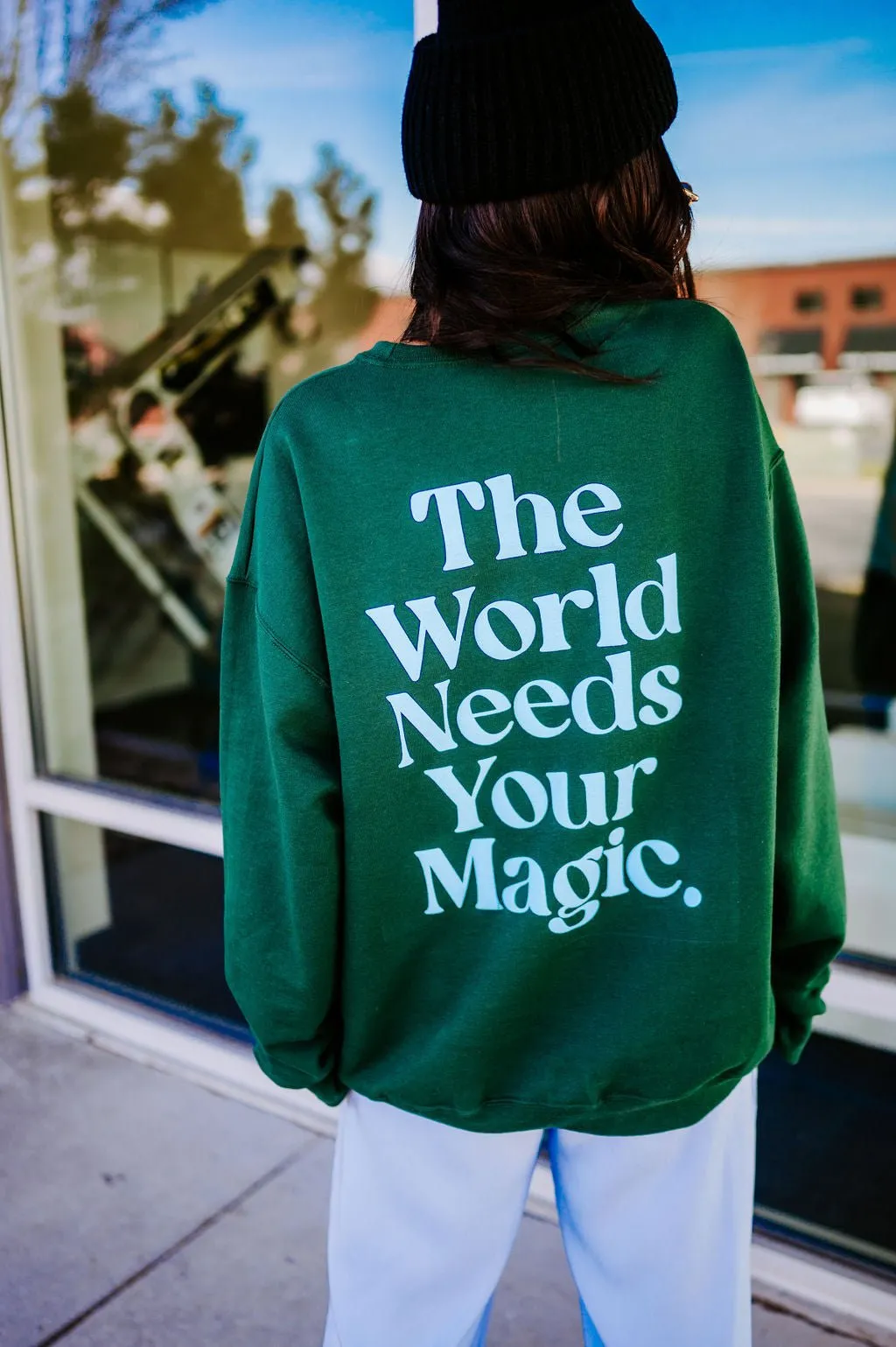 The World Needs Your Magic Puff Print Pullover in Emerald   Sky