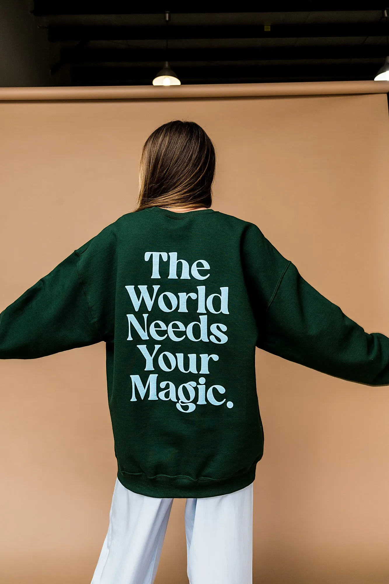 The World Needs Your Magic Puff Print Pullover in Emerald   Sky