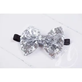 Two-in-One Sequined Bow Headband & Belt, Silver Bow on Black Band