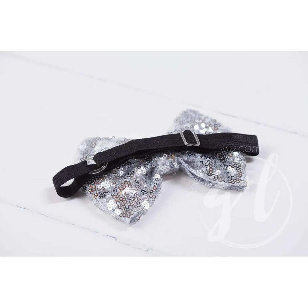 Two-in-One Sequined Bow Headband & Belt, Silver Bow on Black Band