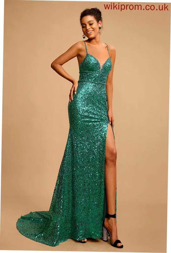 V-neck Prom Dresses With Paisley Trumpet/Mermaid Beading Sequins Floor-Length Sequined