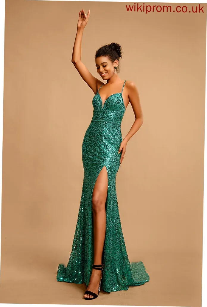 V-neck Prom Dresses With Paisley Trumpet/Mermaid Beading Sequins Floor-Length Sequined