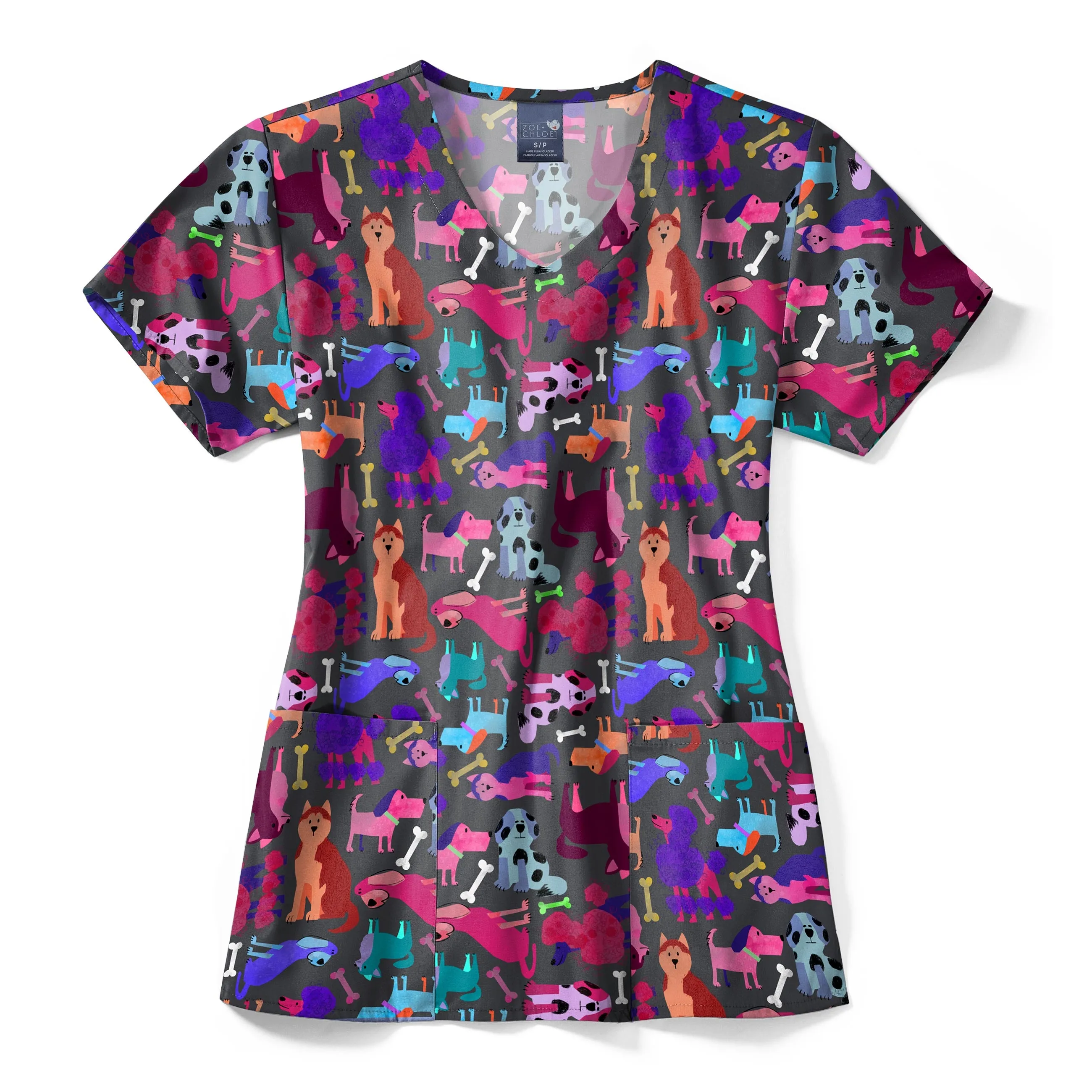 Zoe Chloe Performance V-Neck Print Scrub Top - Paw Squad